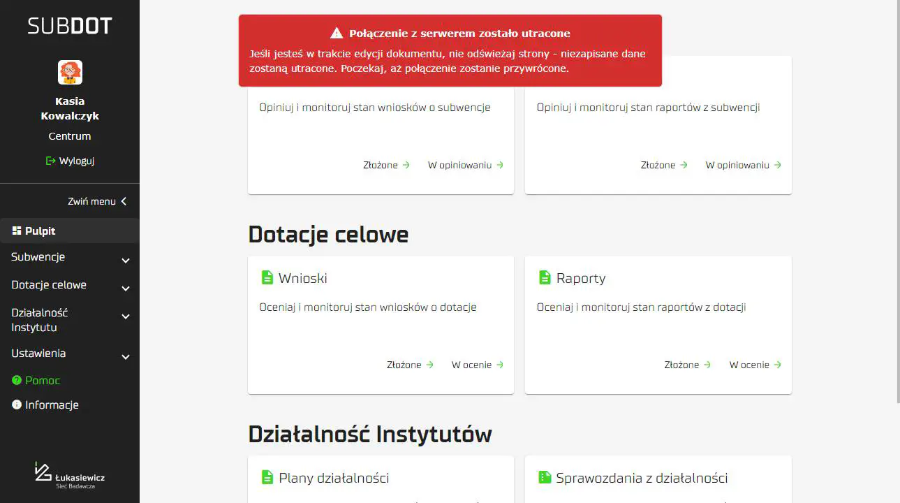 Komunikat o braku łączności z serwerem